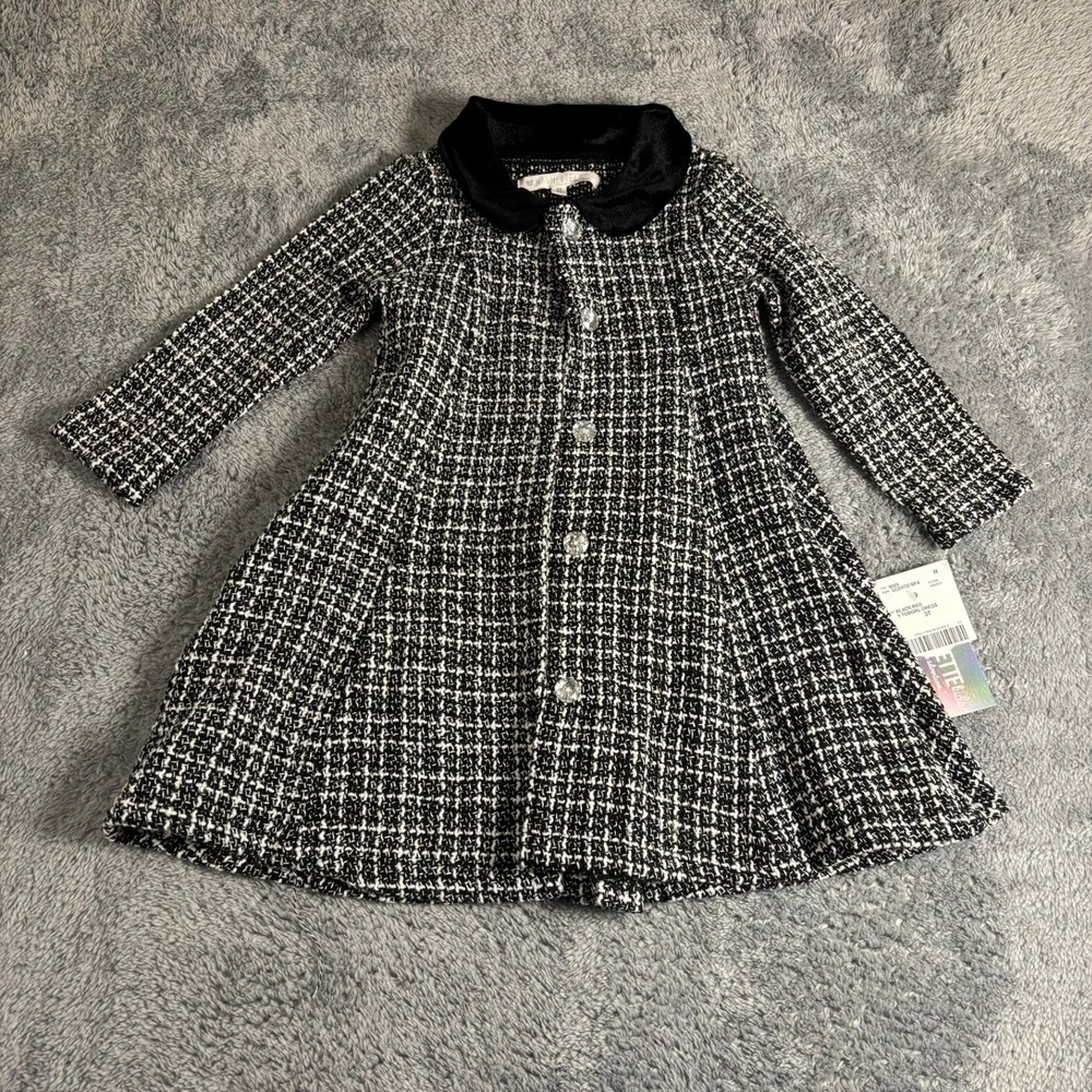 Nannette Kids Toddler Girl Black White Tweed Dress Velvet Collar 3T NEW